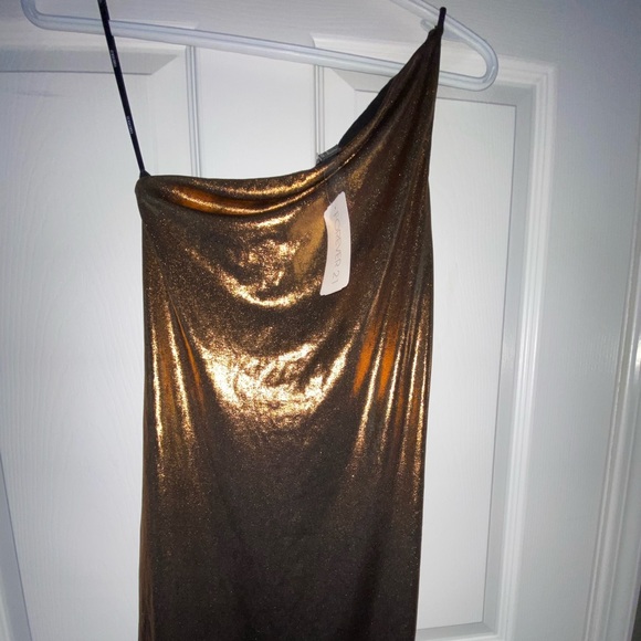 One shoulder bronze mini dress, fits like a glove. Size Small. Worn once. - Picture 6 of 6